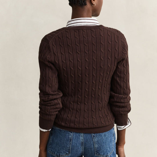 Young Ideas & Henmores -Stretch Cotton Cable V-Neck Jumper -202 Deep Brown -S