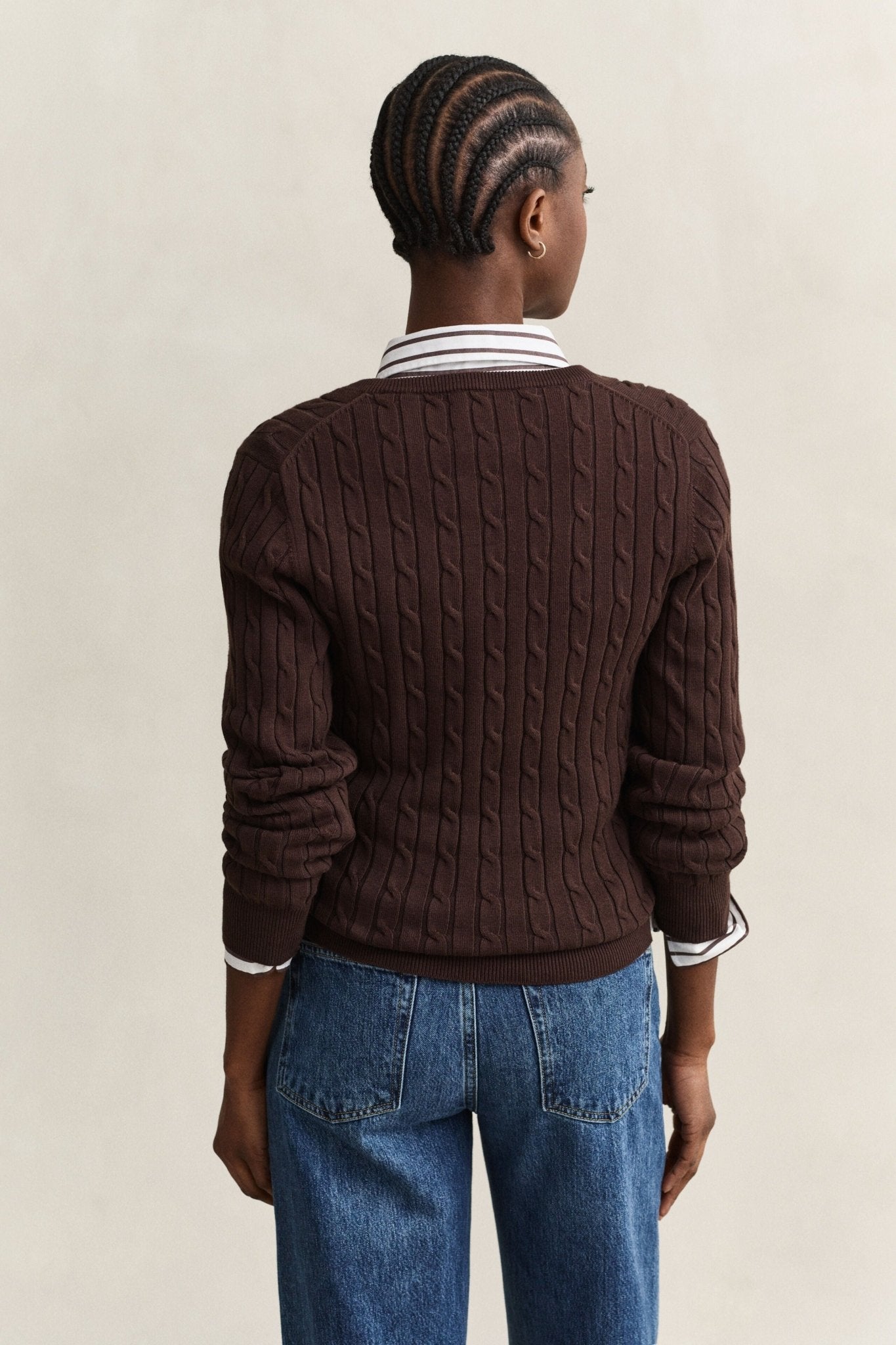 Young Ideas & Henmores -Stretch Cotton Cable V-Neck Jumper -202 Deep Brown -S