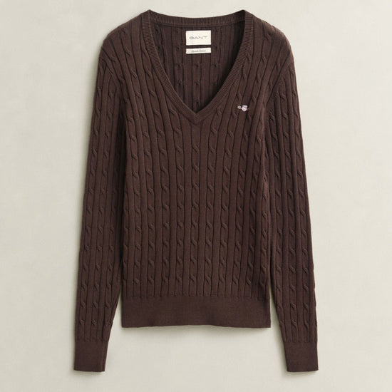 Young Ideas & Henmores -Stretch Cotton Cable V-Neck Jumper -202 Deep Brown -S