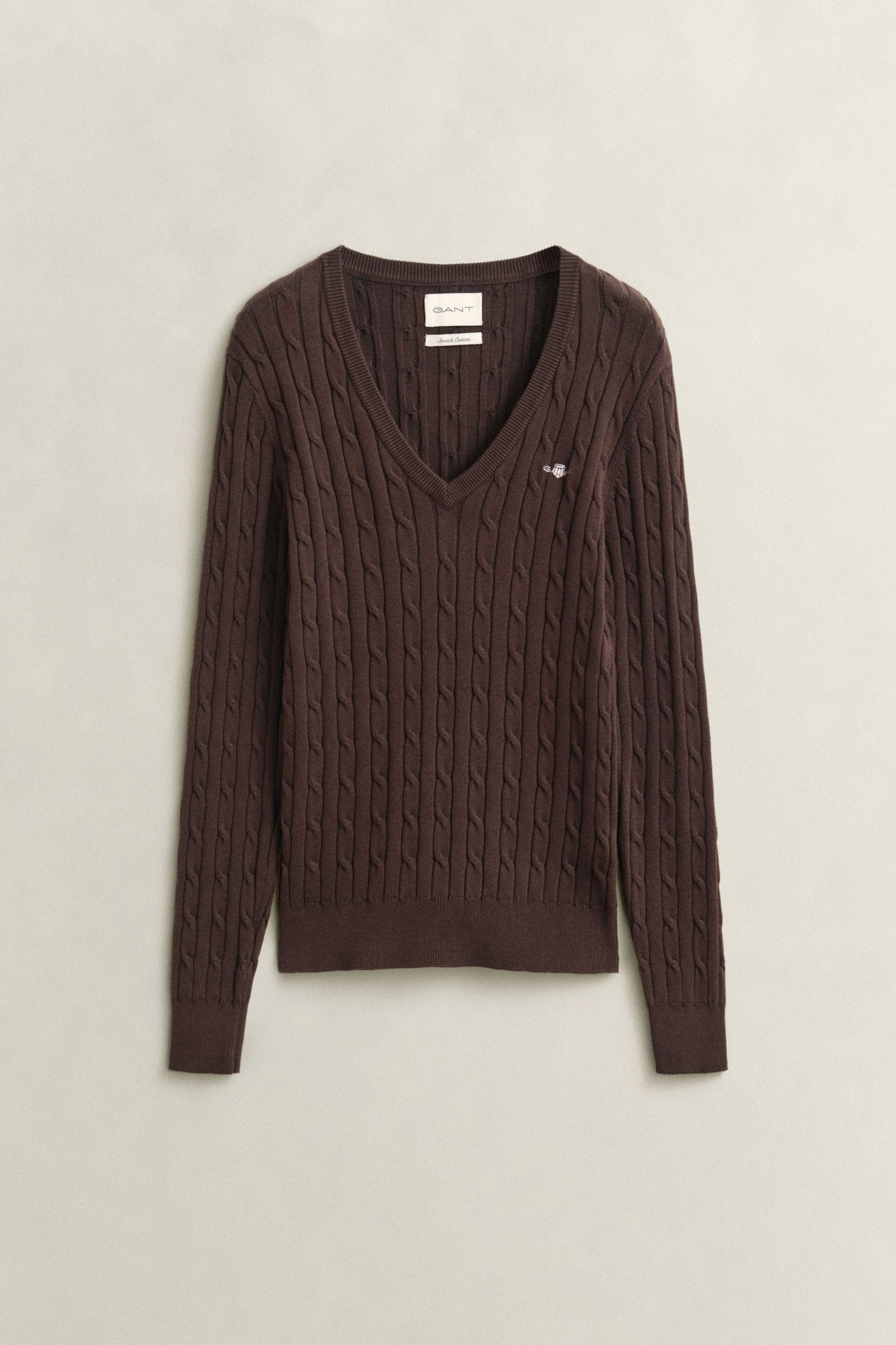 Young Ideas & Henmores -Stretch Cotton Cable V-Neck Jumper -202 Deep Brown -S