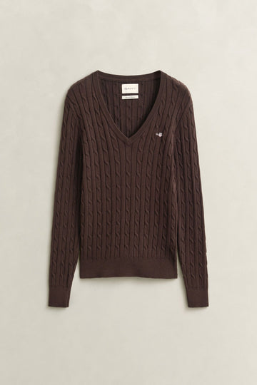 Young Ideas & Henmores -Stretch Cotton Cable V-Neck Jumper -202 Deep Brown -S