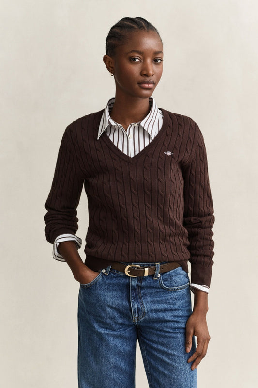Young Ideas & Henmores -Stretch Cotton Cable V-Neck Jumper -202 Deep Brown -S
