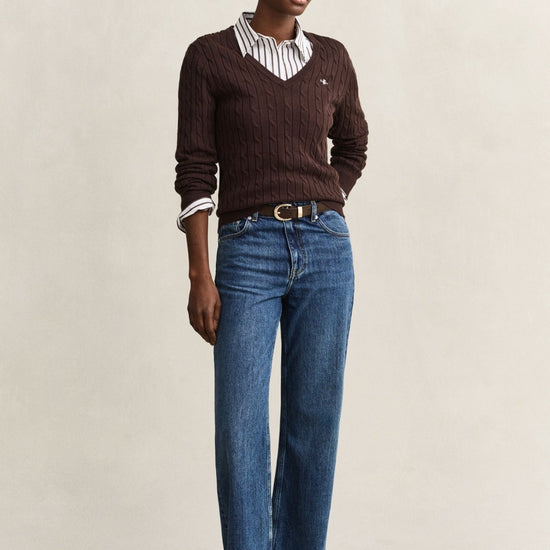 Young Ideas & Henmores -Stretch Cotton Cable V-Neck Jumper -202 Deep Brown -S