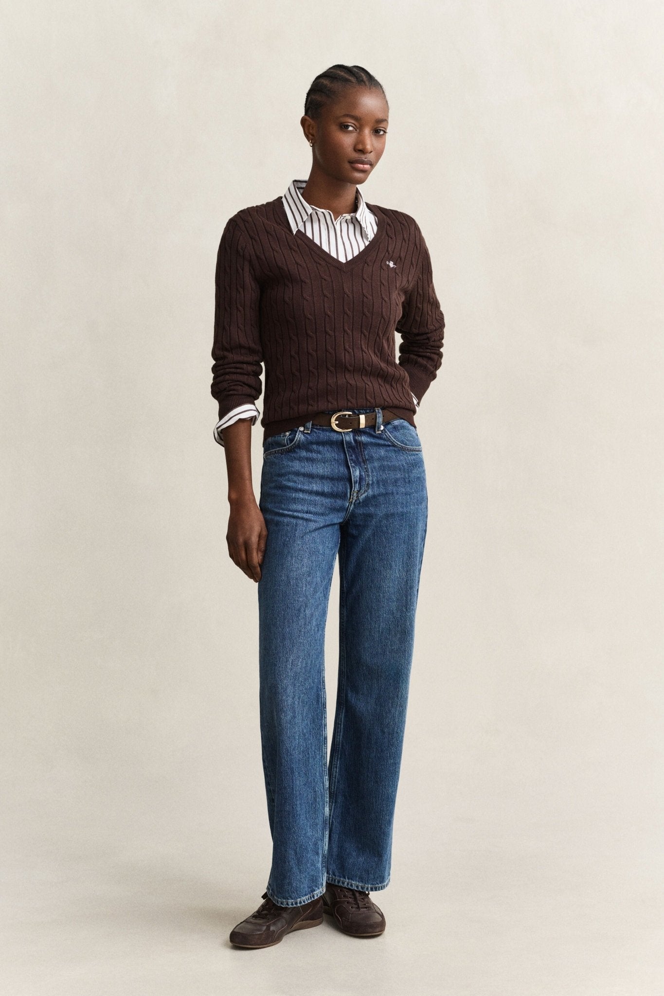 Young Ideas & Henmores -Stretch Cotton Cable V-Neck Jumper -202 Deep Brown -S
