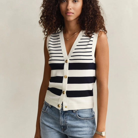 Young Ideas & Henmores - Striped Knit Vest - 113 Eggshell - XS