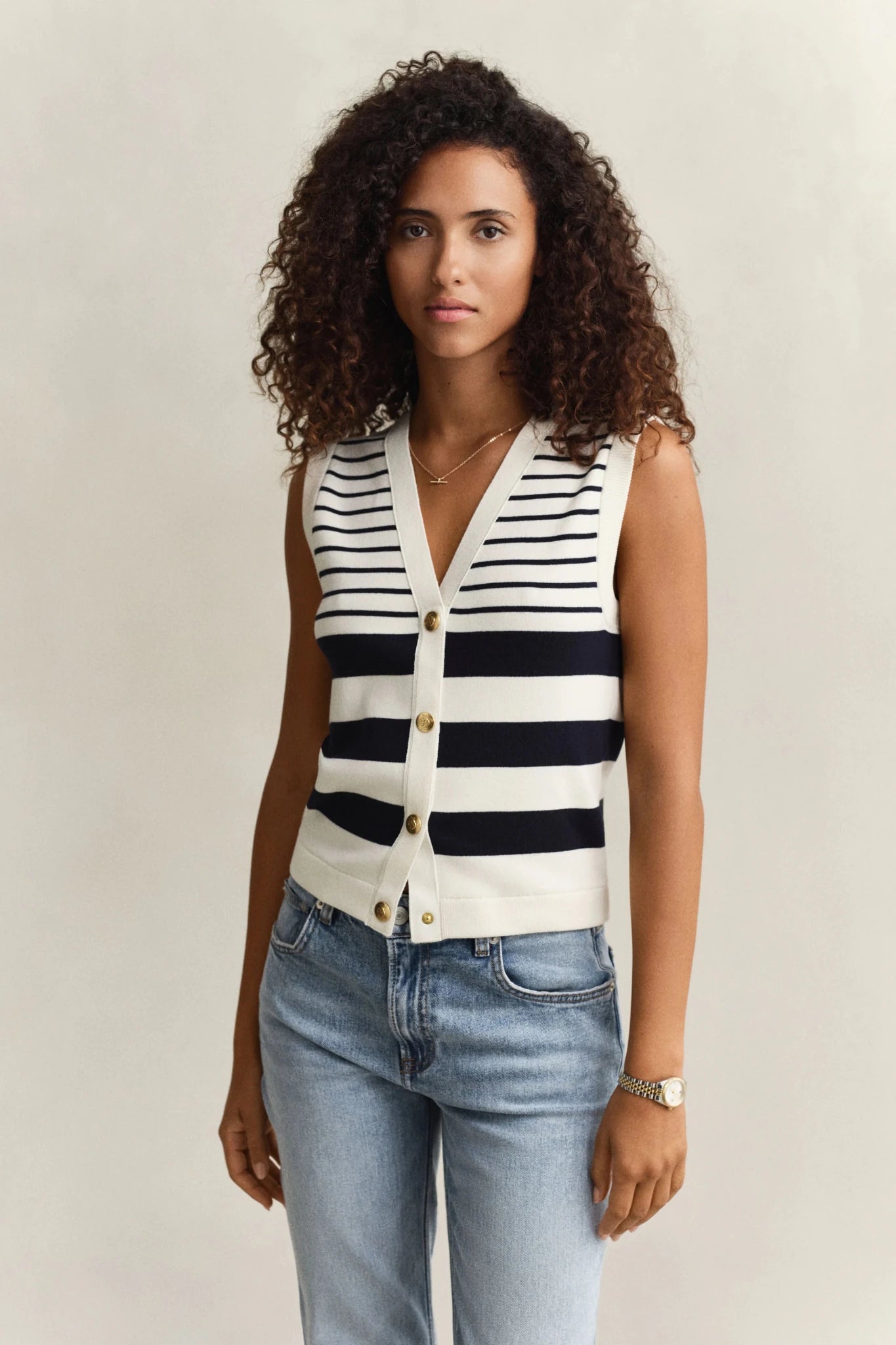 Young Ideas & Henmores - Striped Knit Vest - 113 Eggshell - XS