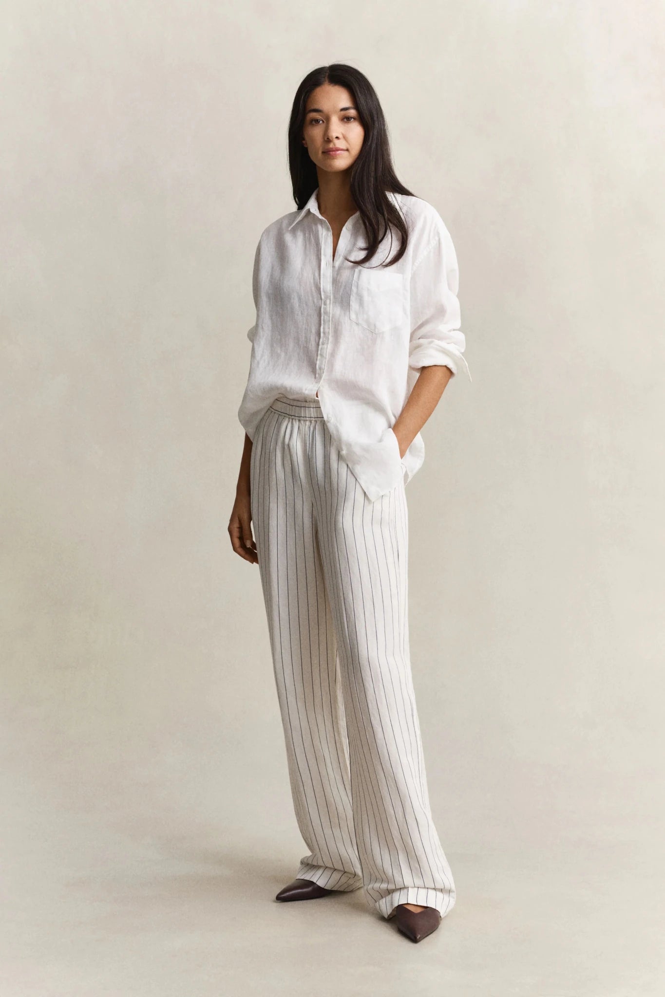 Young Ideas & Henmores - Striped Linen Blend Pull On Pants - 113 Eggshell - 36