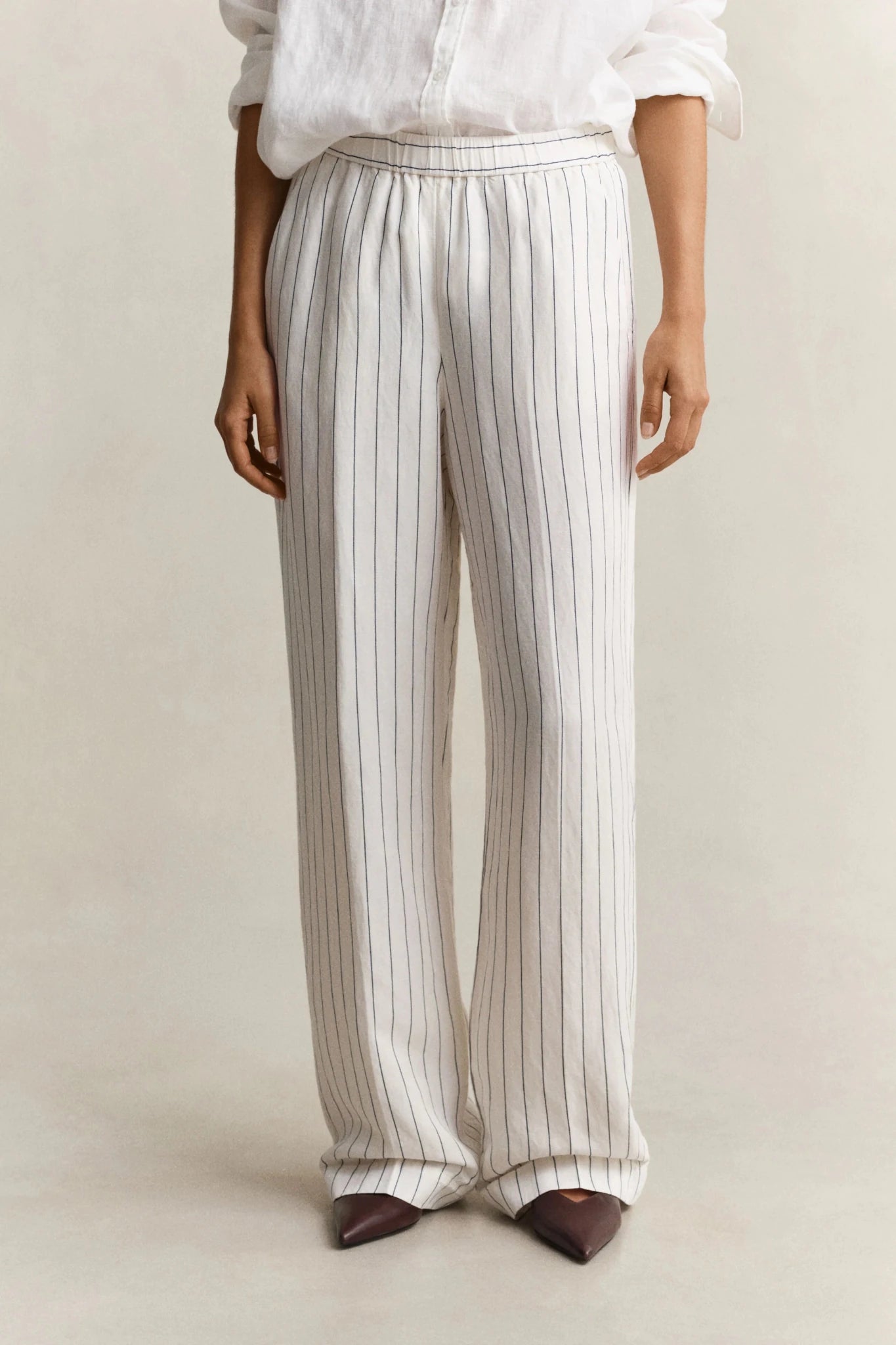 Young Ideas & Henmores - Striped Linen Blend Pull On Pants - 113 Eggshell - 36