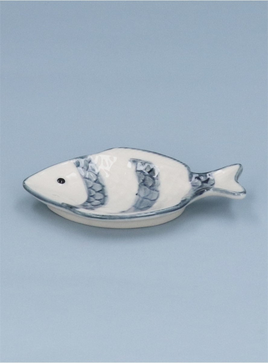 Young Ideas/Henmores - Stripe Stoneware Fish Mini Trinket Dish - White/Grey - OS