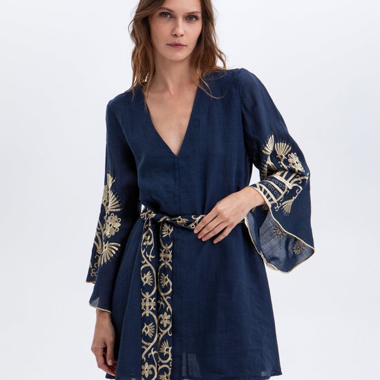 Young Ideas & Henmores -Crete Bell Sleeve Mini Dress -Blue Navy/Gold -M