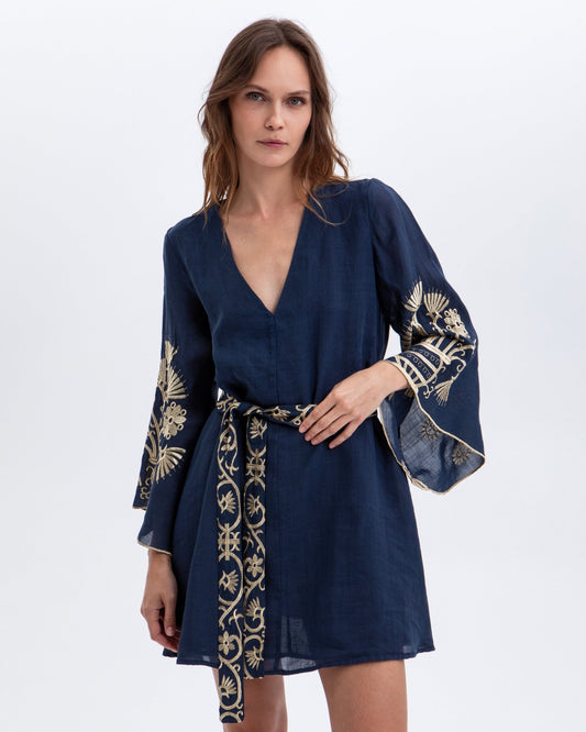 Young Ideas & Henmores -Crete Bell Sleeve Mini Dress -Blue Navy/Gold -M