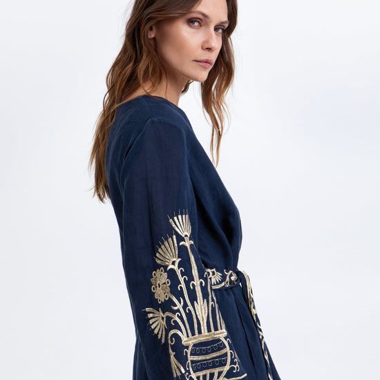 Young Ideas & Henmores -Crete Bell Sleeve Mini Dress -Blue Navy/Gold -M