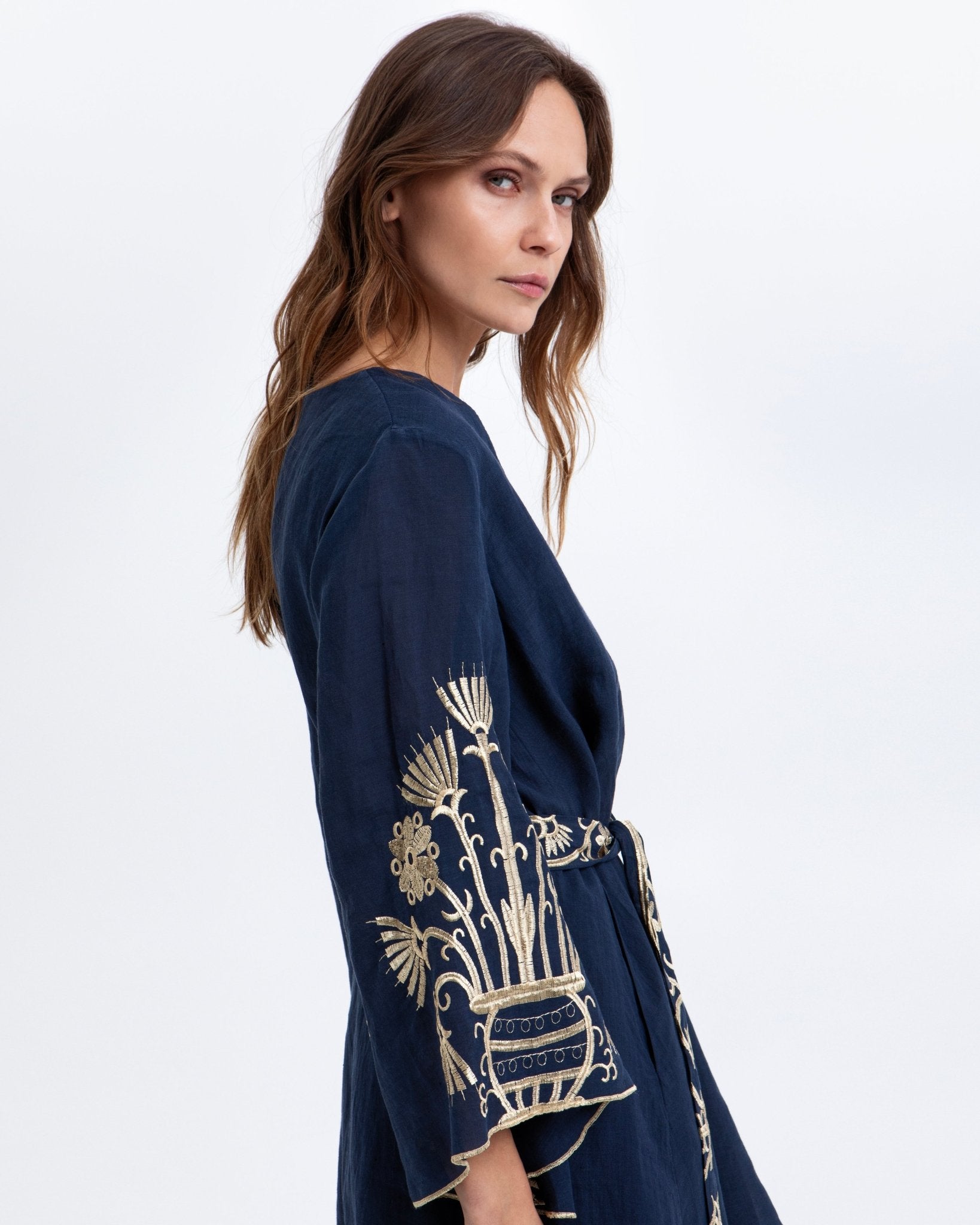Young Ideas & Henmores -Crete Bell Sleeve Mini Dress -Blue Navy/Gold -M