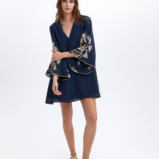 Young Ideas & Henmores -Crete Bell Sleeve Mini Dress -Blue Navy/Gold -M