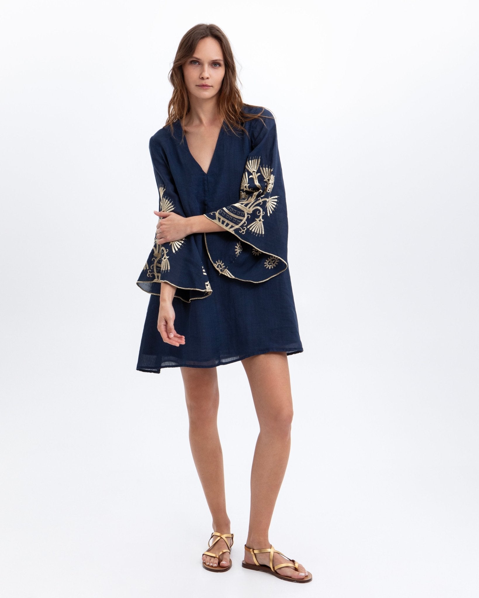 Young Ideas & Henmores -Crete Bell Sleeve Mini Dress -Blue Navy/Gold -M