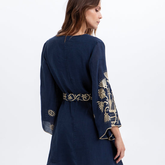 Young Ideas & Henmores -Crete Bell Sleeve Mini Dress -Blue Navy/Gold -M
