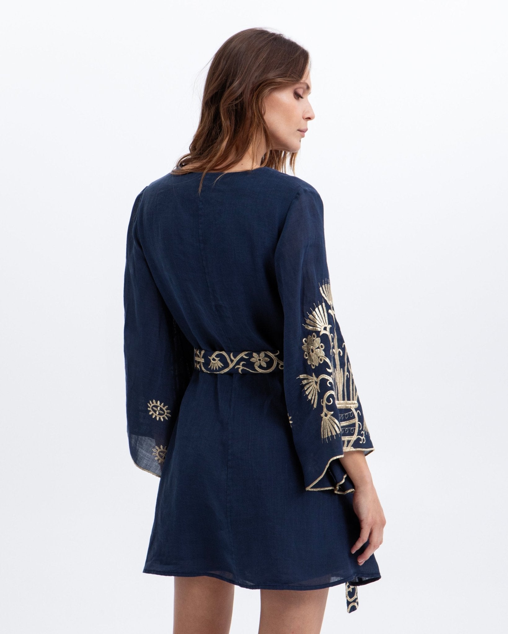 Young Ideas & Henmores -Crete Bell Sleeve Mini Dress -Blue Navy/Gold -M