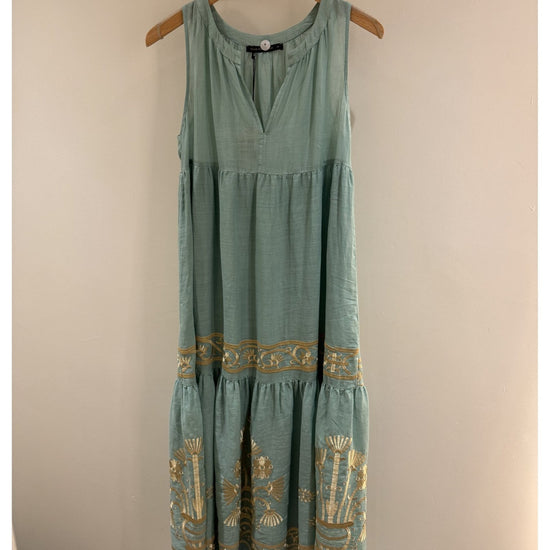 Young Ideas/Henmores - Crete V Neck Sleeveless Maxi Dress - 41701 Sea Green Gold - XS