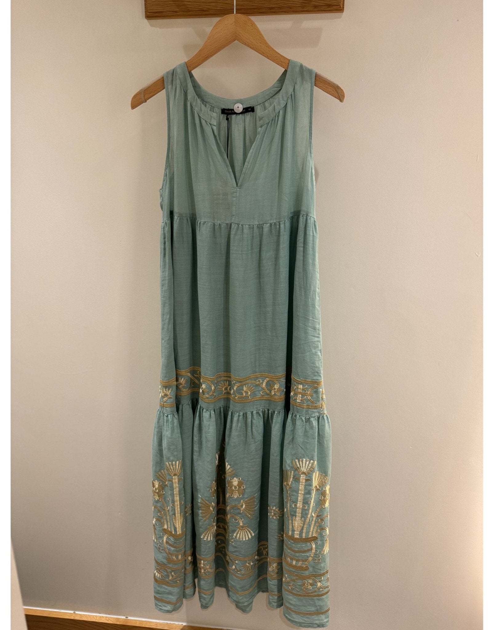 Young Ideas/Henmores - Crete V Neck Sleeveless Maxi Dress - 41701 Sea Green Gold - XS