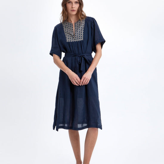 Young Ideas & Henmores -Cross Gathered Tie Waist Midi Dress -Blue Navy/Gold -L