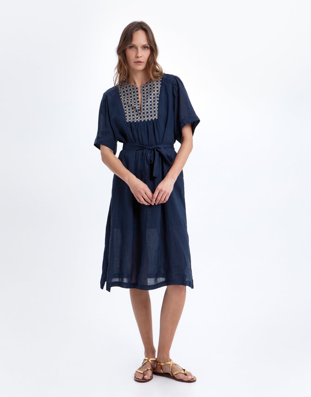 Young Ideas & Henmores -Cross Gathered Tie Waist Midi Dress -Blue Navy/Gold -L