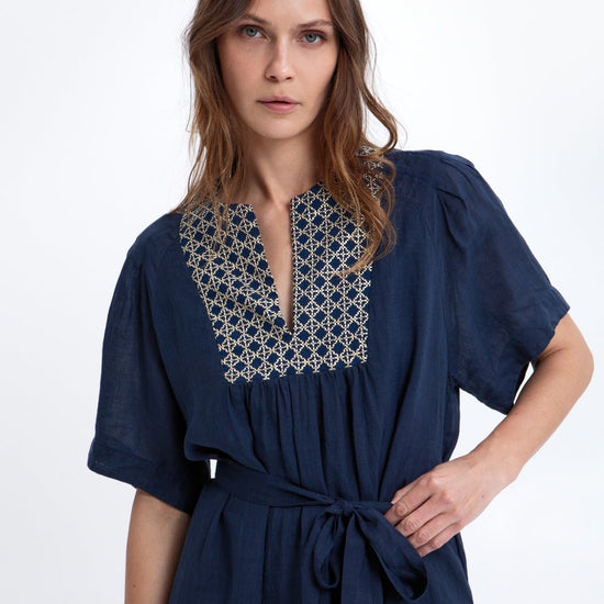 Young Ideas & Henmores -Cross Gathered Tie Waist Midi Dress -Blue Navy/Gold -L