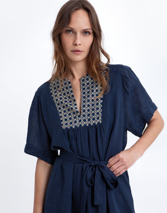 Young Ideas & Henmores -Cross Gathered Tie Waist Midi Dress -Blue Navy/Gold -L