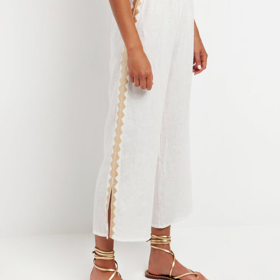 Young Ideas & Henmores -Feather Linen Elasticated Waist Side Slit Trousers -White/Gold -L