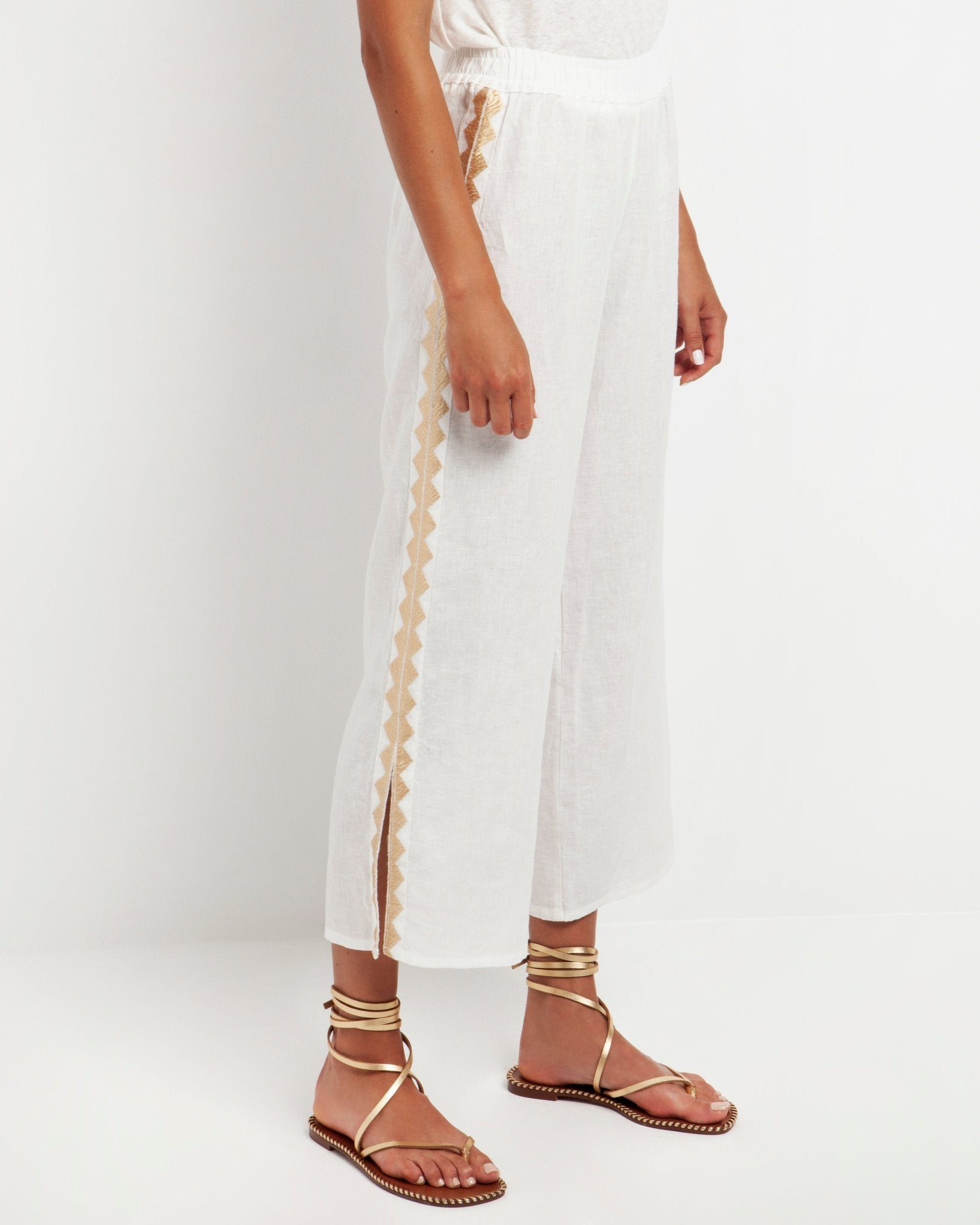 Young Ideas & Henmores -Feather Linen Elasticated Waist Side Slit Trousers -White/Gold -L