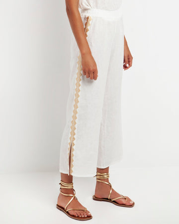 Young Ideas & Henmores -Feather Linen Elasticated Waist Side Slit Trousers -White/Gold -L