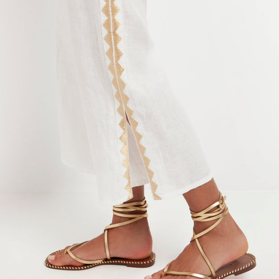 Young Ideas & Henmores -Feather Linen Elasticated Waist Side Slit Trousers -White/Gold -L