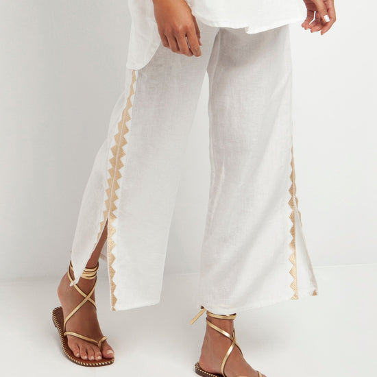Young Ideas & Henmores -Feather Linen Elasticated Waist Side Slit Trousers -White/Gold -L
