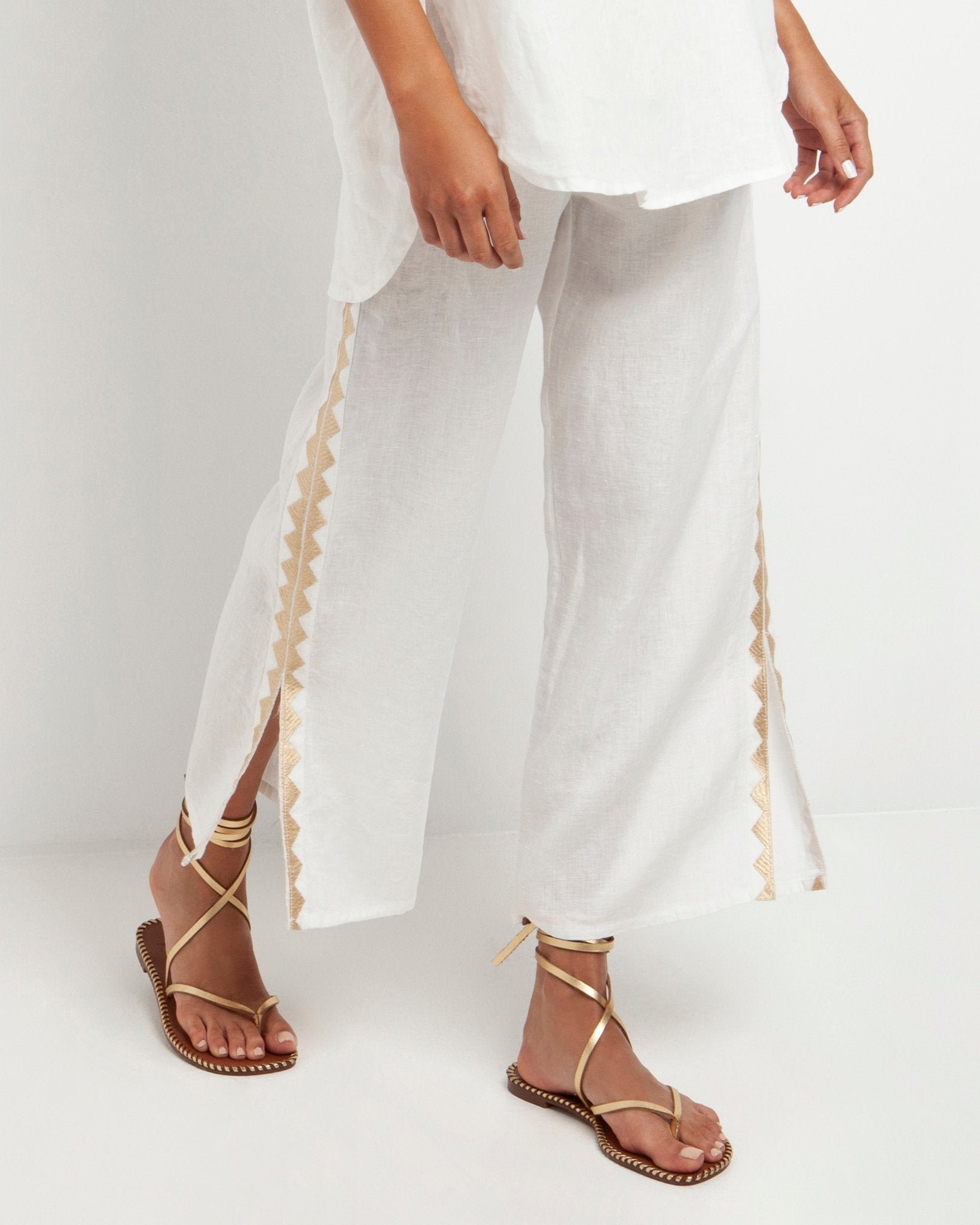 Young Ideas & Henmores -Feather Linen Elasticated Waist Side Slit Trousers -White/Gold -L