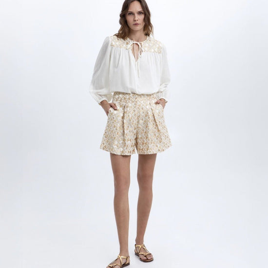 Young Ideas & Henmores -Flakes Tie Neck Blouse -White/Gold Champagne -L