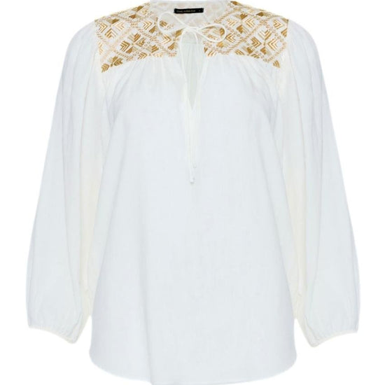 Young Ideas & Henmores -Flakes Tie Neck Blouse -White/Gold Champagne -L