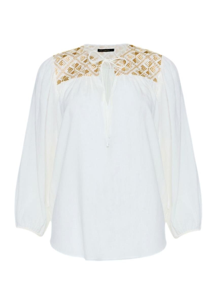 Young Ideas & Henmores -Flakes Tie Neck Blouse -White/Gold Champagne -L