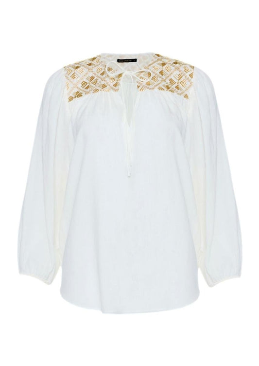 Young Ideas & Henmores -Flakes Tie Neck Blouse -White/Gold Champagne -L