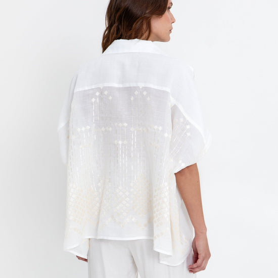 Young Ideas & Henmores - Grape Back Embroidered Oversized Shirt - White/Champagne - M
