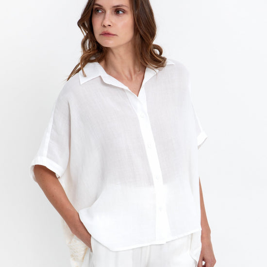 Young Ideas & Henmores - Grape Back Embroidered Oversized Shirt - White/Champagne - M