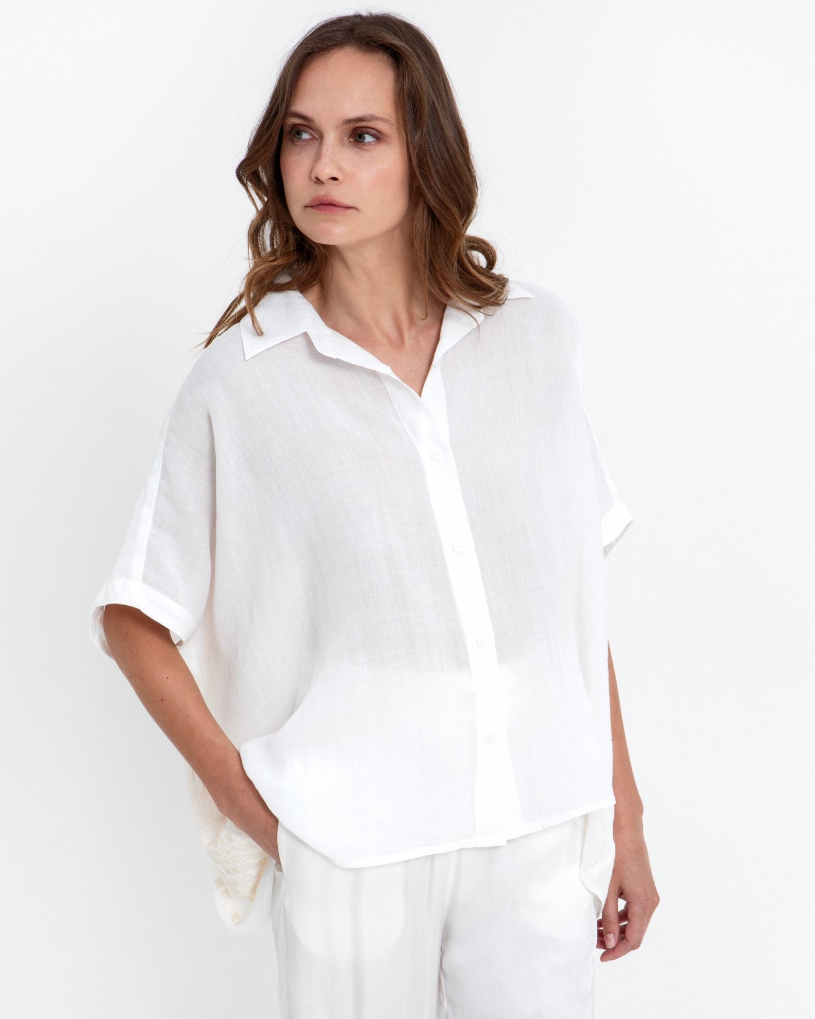 Young Ideas & Henmores - Grape Back Embroidered Oversized Shirt - White/Champagne - M