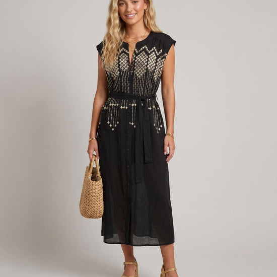 Young Ideas & Henmores -Grape Chemisier Sleeveless Midi Dress -Black/Gold -M
