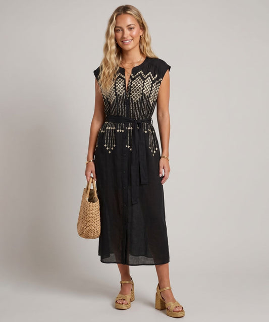 Young Ideas & Henmores -Grape Chemisier Sleeveless Midi Dress -Black/Gold -M