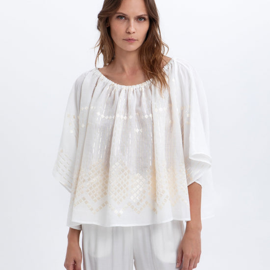 Young Ideas & Henmores - Grape Elasticated Neckline Blouse - White/Champagne - S