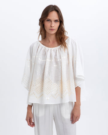 Young Ideas & Henmores - Grape Elasticated Neckline Blouse - White/Champagne - S