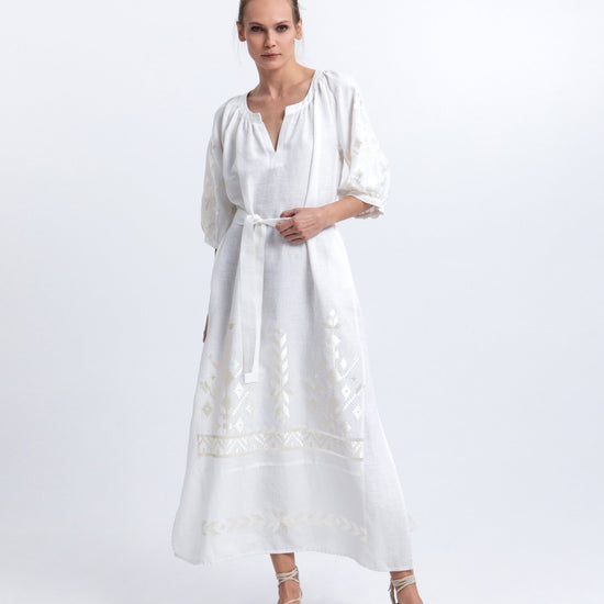 Young Ideas & Henmores -Ios Linen Tie Waist Midi Dress -White/Champagne -L