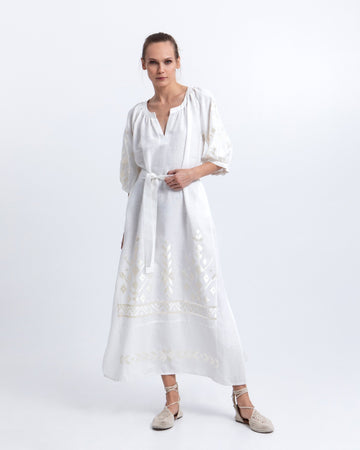Young Ideas & Henmores -Ios Linen Tie Waist Midi Dress -White/Champagne -L