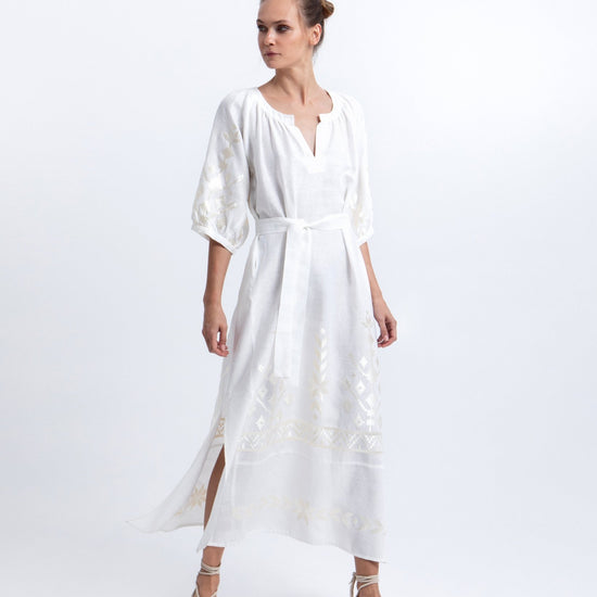 Young Ideas & Henmores -Ios Linen Tie Waist Midi Dress -White/Champagne -L
