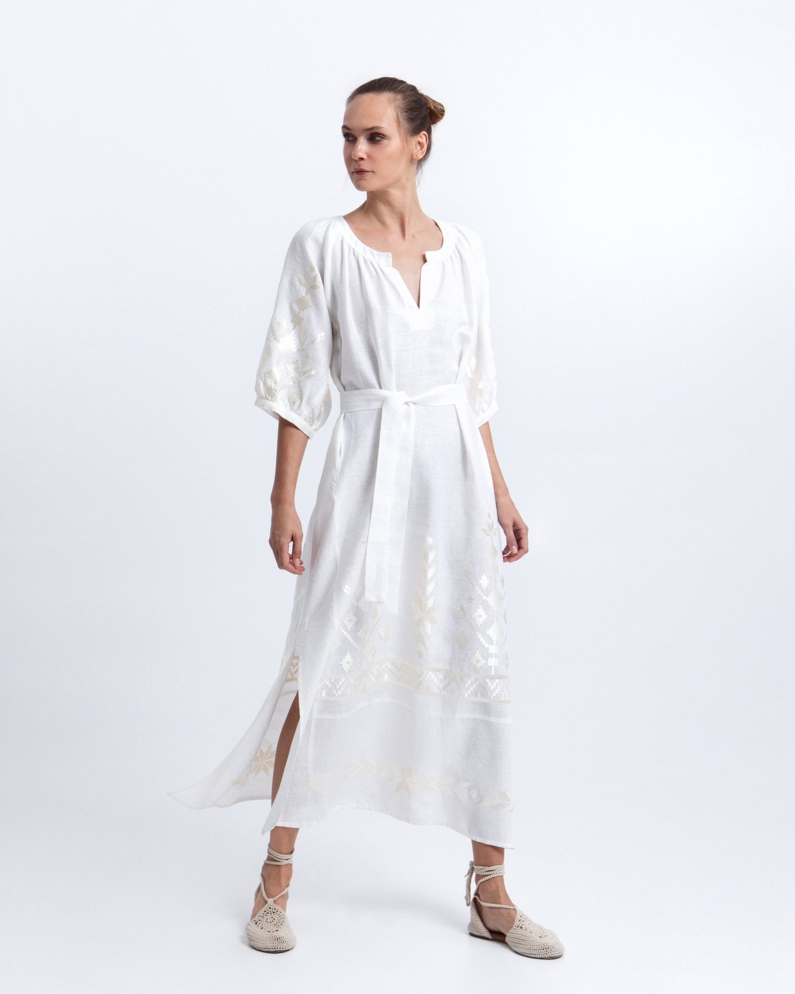 Young Ideas & Henmores -Ios Linen Tie Waist Midi Dress -White/Champagne -L