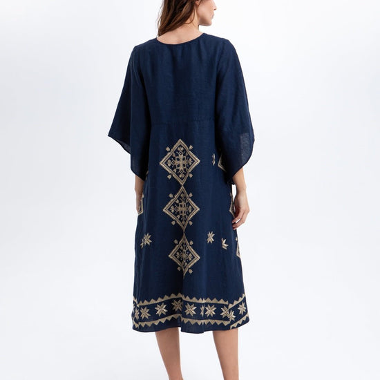 Young Ideas & Henmores -Lefkada Linen Bell Sleeve Midi Dress -Blue Navy/Gold -L