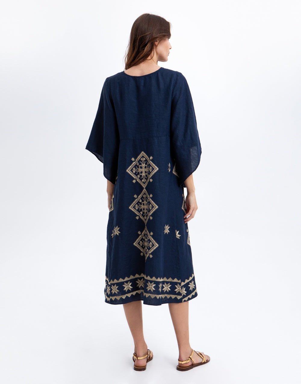 Young Ideas & Henmores -Lefkada Linen Bell Sleeve Midi Dress -Blue Navy/Gold -L